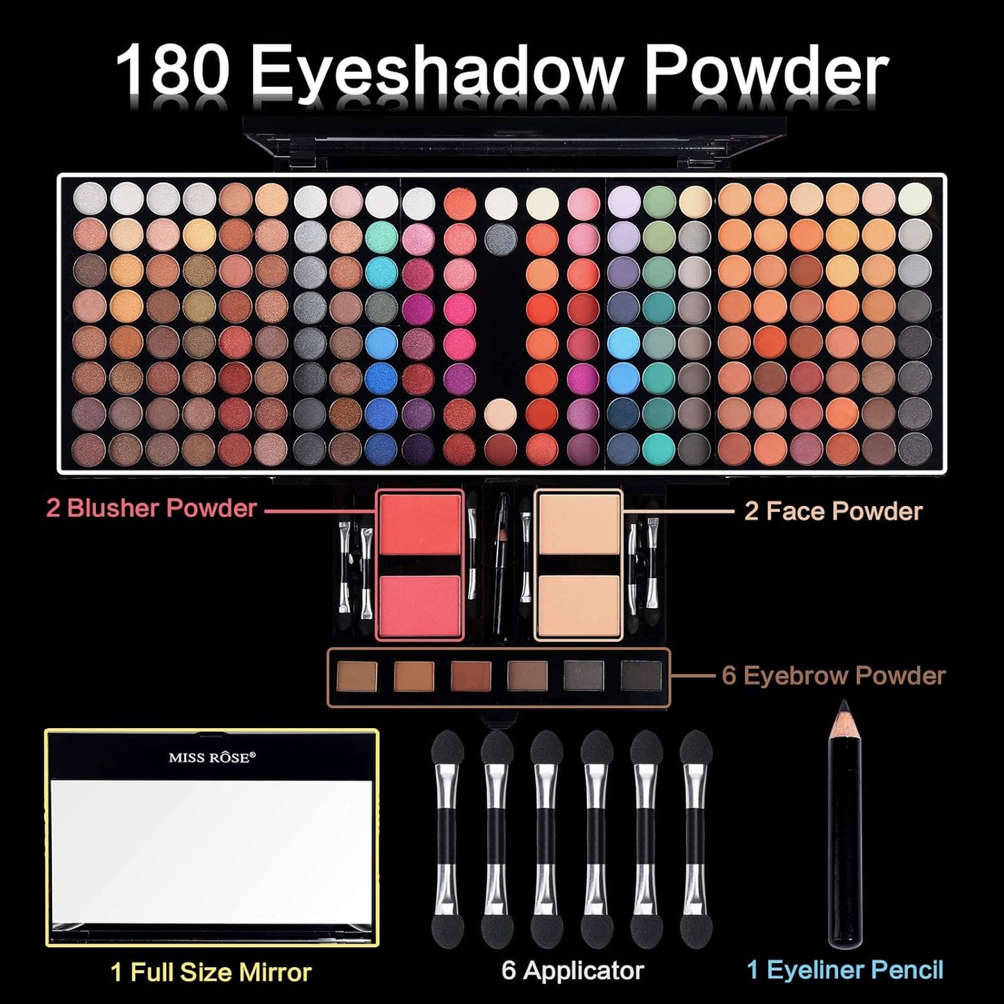 Professional Makeup Kit for Women with Mirror All in One Makeup Gift Set for Teens 180 Color Eyeshadow Palette 2 Blush 2 Powder 1 Eyeliner 4 Eyebrow Make up Sets Matte Shimmer Mixing Pallet Eye Shadow
