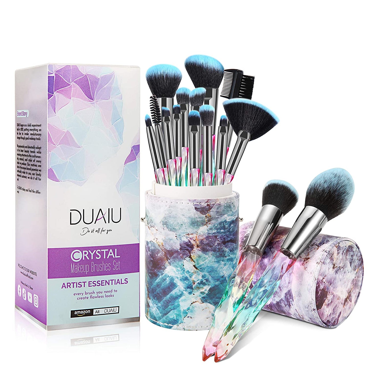 DUAIU Makeup Brushes 15Pcs Premium Synthetic Bristles Crystal Handle Set Kabuki Foundation Brush Face Lip Eye Makeup Brush Sets Professional with Starry Gift Box (Blue)