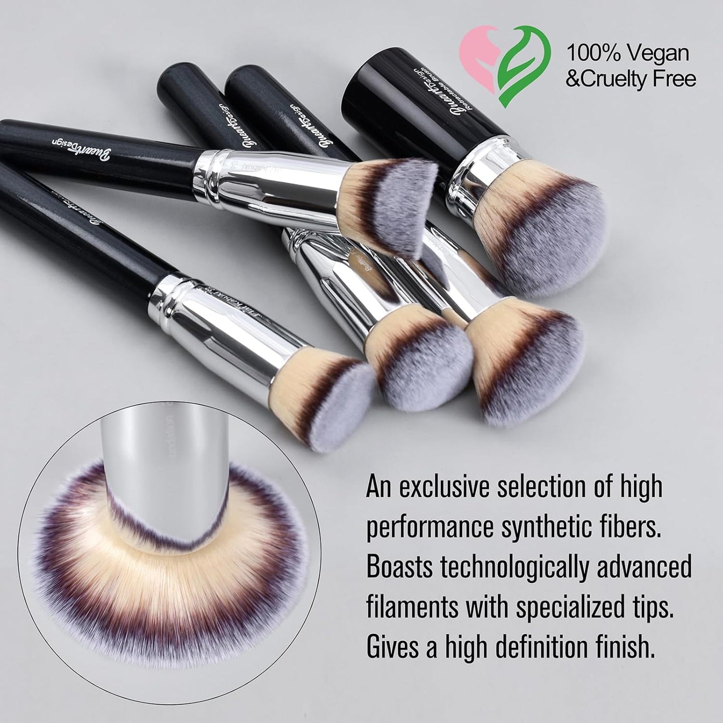 Bueart Design Essential Makeup Brushes Set with Travel Retractable Powder Brush Vegan Hair for Foundation Concealer Eyeshadow Face Contour Brush (10Pcs Pearl Black)