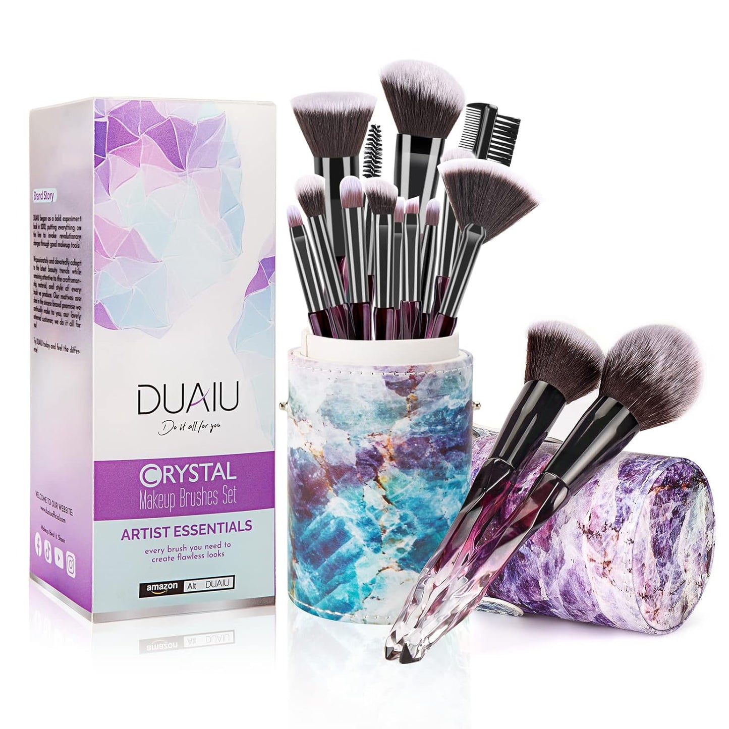 DUAIU Makeup Brushes 15Pcs Premium Synthetic Bristles Crystal Handle Set Kabuki Foundation Brush Face Lip Eye Makeup Brush Sets Professional with Starry Gift Box (Blue)