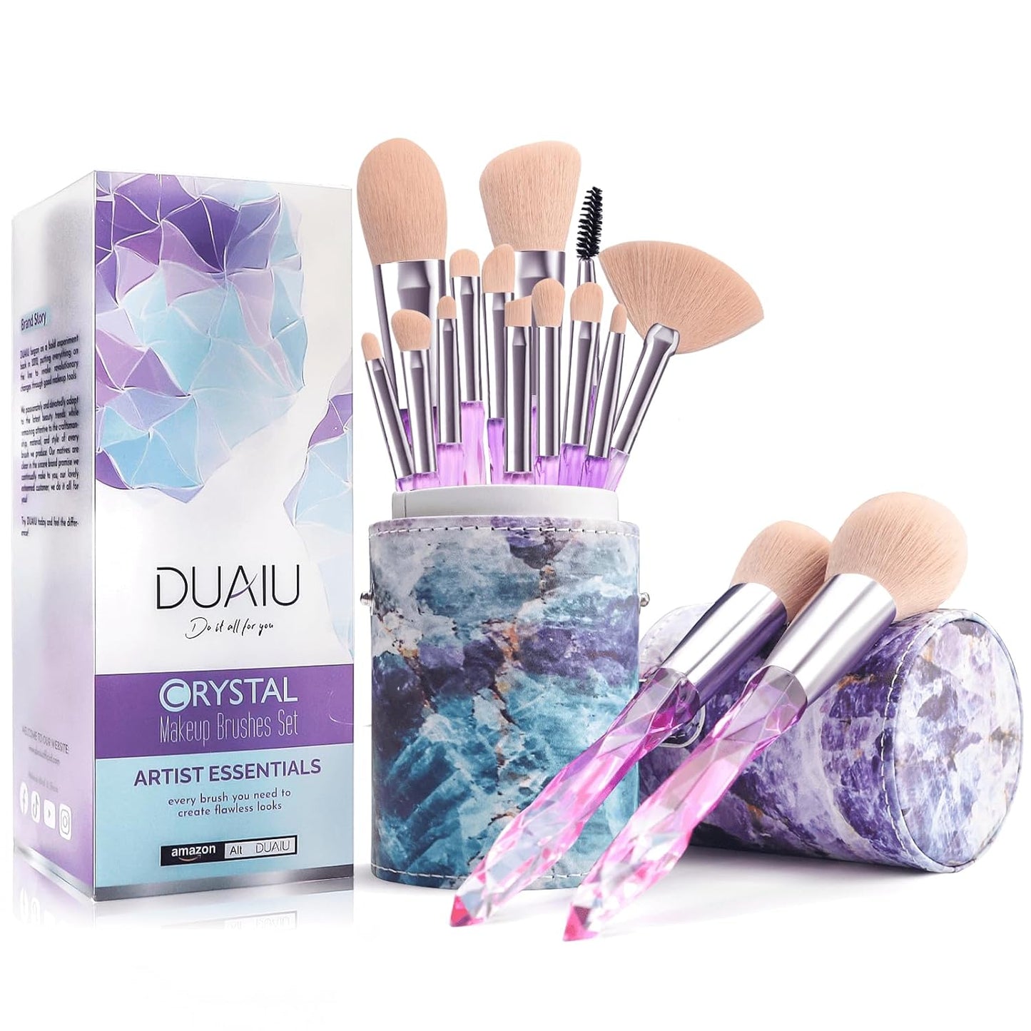 DUAIU Makeup Brushes 15Pcs Premium Synthetic Bristles Crystal Handle Set Kabuki Foundation Brush Face Lip Eye Makeup Brush Sets Professional with Starry Gift Box (Blue)
