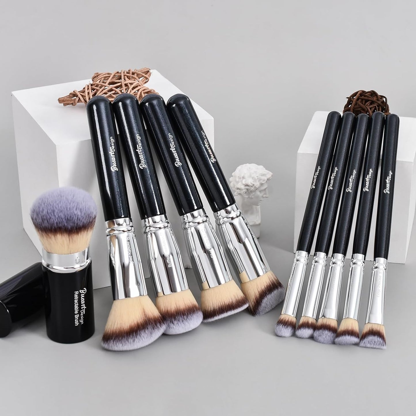 Bueart Design Essential Makeup Brushes Set with Travel Retractable Powder Brush Vegan Hair for Foundation Concealer Eyeshadow Face Contour Brush (10Pcs Pearl Black)