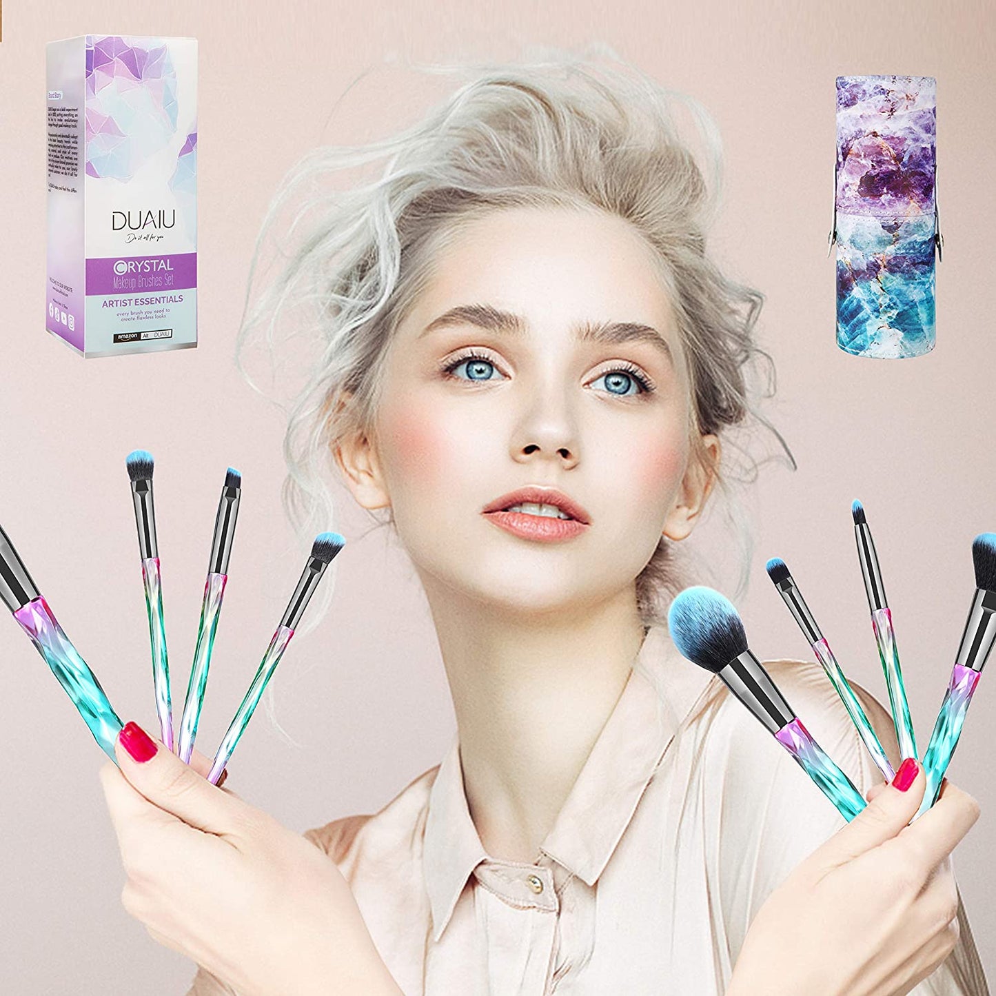 DUAIU Makeup Brushes 15Pcs Premium Synthetic Bristles Crystal Handle Set Kabuki Foundation Brush Face Lip Eye Makeup Brush Sets Professional with Starry Gift Box (Blue)