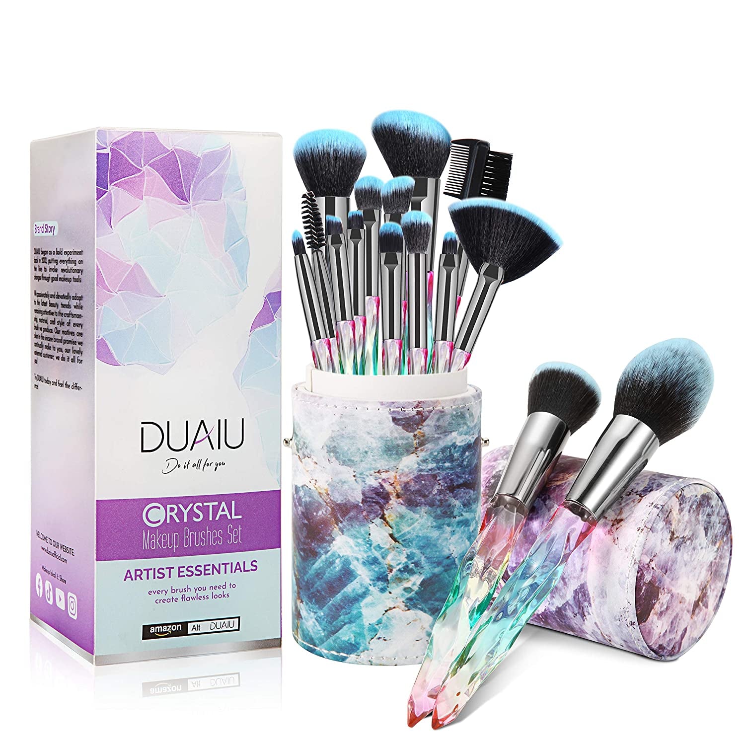 DUAIU Makeup Brushes 15Pcs Premium Synthetic Bristles Crystal Handle Set Kabuki Foundation Brush Face Lip Eye Makeup Brush Sets Professional with Starry Gift Box (Blue)