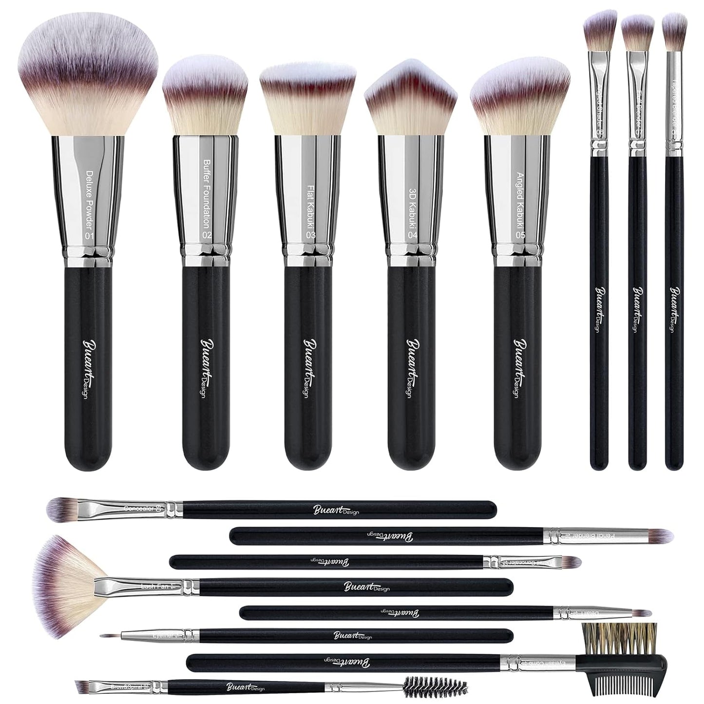 Bueart Design Essential Makeup Brushes Set with Travel Retractable Powder Brush Vegan Hair for Foundation Concealer Eyeshadow Face Contour Brush (10Pcs Pearl Black)