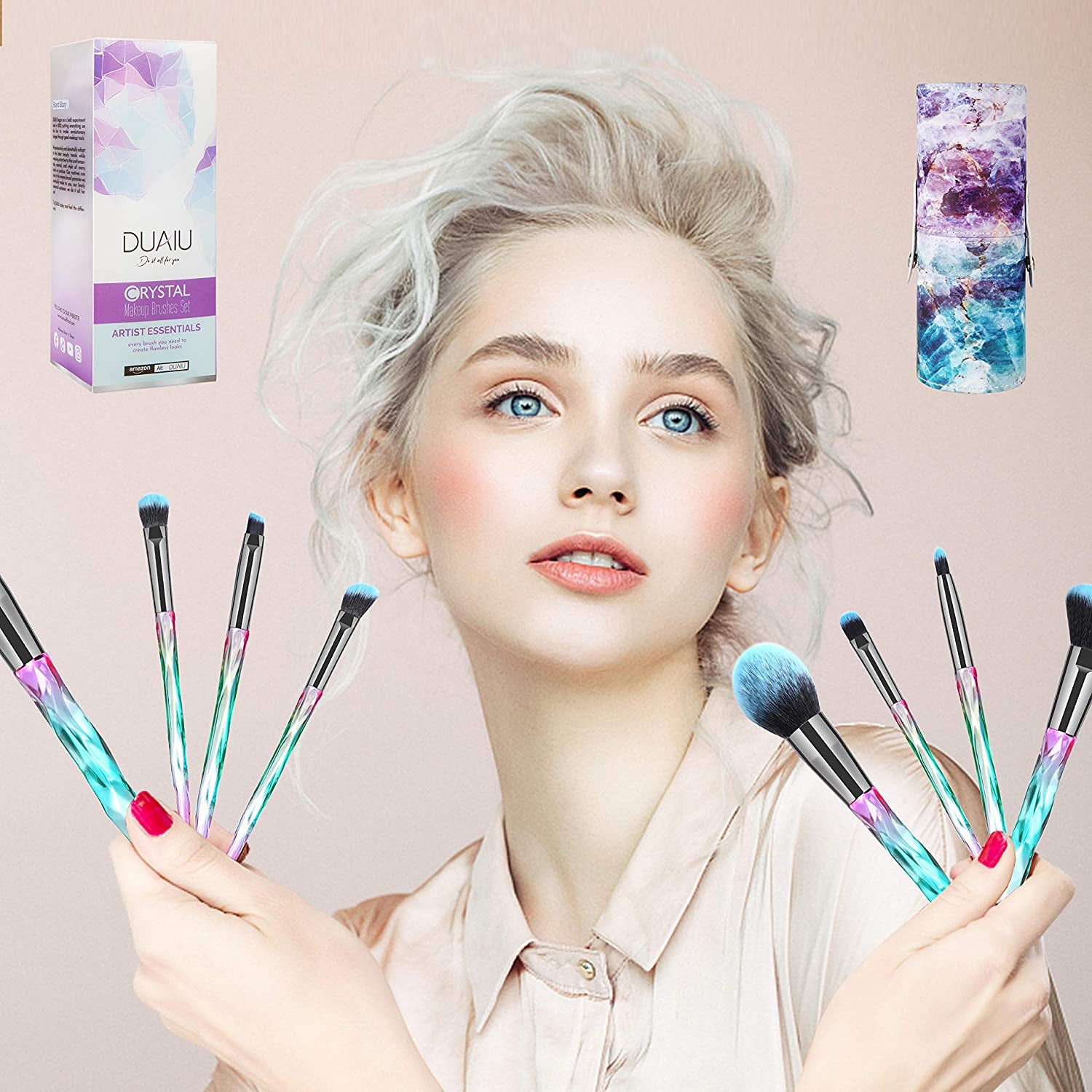 DUAIU Makeup Brushes 15Pcs Premium Synthetic Bristles Crystal Handle Set Kabuki Foundation Brush Face Lip Eye Makeup Brush Sets Professional with Starry Gift Box (Blue)